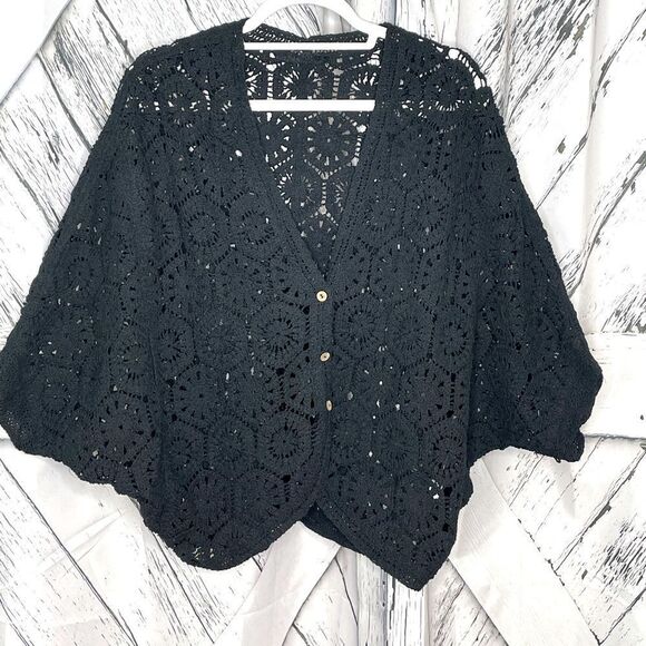 Crochet Black Cardigan Batwing Sleeves Size M - Picture 1 of 5